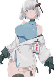  absurdres bad_id bad_pixiv_id bare_shoulders black_gloves blue_eyes blue_shirt breasts coat commentary covered_collarbone cowboy_shot earrings female gloves hair_ornament highres huang_(volt0526) jewelry large_breasts long_sleeves looking_at_viewer off_shoulder original parted_lips red_pupils shiny_skin shirt short_hair simple_background skindentation sleeveless sleeveless_shirt solo thighhighs thighs white_background white_coat white_hair 