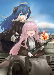  2girls arknights blue_eyes blue_hair blue_sky closed_eyes cloud coat day detached_wings dress energy_wings explosion gun halo highres horns korean_commentary lemuen_(arknights) long_hair long_skirt mostima_(arknights) multiple_girls open_mouth outdoors purple_hair rifle runamonet skirt sky smile sniper_rifle weapon wheelchair wings 