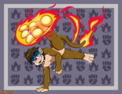  3_toes absurd_res anthro blaze_kick bodily_fluids capoeira collar elemental_manipulation feet fire fire_manipulation foot_focus generation_4_pokemon haplorhine hi_res humanoid_feet jake_(jakiepour148) male mammal mhicky93 monferno nintendo plantigrade pokemon pokemon_(species) primate soles solo sweat sweatdrop sweaty_feet sweaty_legs toes 