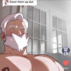  1boy bad_id bad_twitter_id bara chest_hair chili_(pokemon) commentary cover_them_up_slut_(meme) dialogue_box dizdoodz drayden_(pokemon) english_commentary english_text facial_hair hairy heart highres indoors large_pectorals livestream looking_at_viewer male_focus mature_male meme muscular muscular_male nipples pectoral_focus pectorals pokemon pokemon_bw short_hair solo sweat sweatdrop thick_eyebrows tiktok twitter_username user_interface white_hair yellow_eyes 