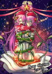  &gt;:( 2girls absurdres alraune anna_(ibenz009) annoyed bell blush bow christmas christmas_ornaments colored_skin commentary dated english_commentary flower green_skin hat highres holly ibenz009 leaf liliraune_(monster_girl_encyclopedia) long_hair long_pointy_ears lucia_(ibenz009) medium_hair monster_girl monster_girl_encyclopedia multiple_girls nectar oerba_yun_fang open_mouth original plant plant_girl pointy_ears purple_hair red_eyes scarf signature snow snowflake_print star_(symbol) v-shaped_eyebrows vines 