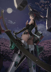  absurdres agatsuma_kaede alice_gear_aegis ass black_eyes black_hair commentary_request female floating floating_object flower highres holding holding_sword holding_weapon katana leotard mecha_musume moon night night_sky sky solo sunga2usagi sword weapon 