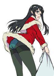  alternate_costume black-framed_eyewear black_hair black_pantyhose capelet christmas commentary_request dress feet_out_of_frame female frilled_dress frills fur-trimmed_capelet fur-trimmed_dress fur_trim glasses green_eyes green_panties hairband highres kantai_collection long_hair mikan_29344886 ooyodo_(kancolle) panties panties_under_pantyhose pantyhose red_capelet red_dress semi-rimless_eyewear solo thighband_pantyhose under-rim_eyewear underwear white_hairband 