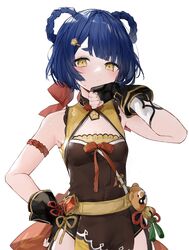  asymmetrical_bangs bad_id bad_twitter_id bare_shoulders belt black_gloves black_shorts blue_hair blush bow bow-shaped_hair breasts brown_ribbon brown_tabard closed_mouth commentary_request crystal female genshin_impact gloves guoba_(genshin_impact) hair_ornament hairbow hand_on_own_hip hand_up highres looking_away medium_breasts red_bow red_ribbon ribbon short_hair short_shorts shorts simple_background solo standing suashi sweat sweatdrop tabard tassel vision_(genshin_impact) white_background xiangling_(genshin_impact) yellow_belt yellow_eyes 