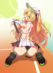  ass azur_lane bache_(azur_lane) bache_(showy_sports_star)_(azur_lane) ball bare_shoulders black_panties blonde_hair blush breasts detached_sleeves female from_behind highres kneeling long_hair looking_at_viewer looking_back oerba_yun_fang official_alternate_costume open_mouth panties purple_eyes racket shiny_skin single_thighhigh small_breasts smile solo sportswear sunglasses tennis_ball tennis_court tennis_dress tennis_racket tennis_uniform thighhighs tinted_eyewear tomoyuki_kotani two_side_up underwear very_long_hair visor_cap white_thighhighs yellow-tinted_eyewear 