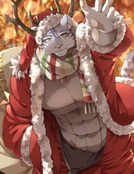  2020 abs anthro barazoku chest_tuft christmas clothing cygames felid fur hi_res holidays kemono male mammal muscular muscular_anthro muscular_male nimbus_(world_flipper) pantherine pecs solo striped_body striped_fur stripes tach8 tiger tuft white_body white_fur world_flipper 