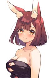  :3 animal_ear_fluff animal_ears armpit_crease bandeau bare_shoulders breasts calm_mashiro cleavage cleavage_cutout clothing_cutout collarbone female hound_(sekaiju) hound_2_(sekaiju) large_breasts looking_at_viewer orange_eyes red_hair sekaiju_no_meikyuu sekaiju_no_meikyuu_5 short_hair simple_background smile solo strapless tube_top upper_body white_background 