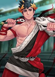  1boy bare_pectorals belt black_hair blurry blurry_background green_eyes hadanugi_dousa hades_(series) hades_1 heterochromia highres holding holding_sword holding_weapon laurel_crown male_focus maorenc muscular muscular_male nipples pectorals short_hair single_bare_shoulder skull solo sword weapon wreath zagreus_(hades) 