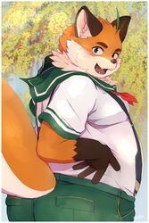  2023 anthro ass blush bottomwear canid canine clothing fox hi_res hijirinoyuta iyo_(tamacolle) kemono male mammal orange_body outside overweight overweight_male pants plant solo suspenders tamacolle tree 