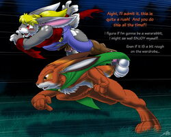  action_pose after_transformation anthro buckteeth catmonkshiro cloak clothing digitigrade duo english_text excited female grass jumping lagomorph leporid long_ears male male/female mammal motion_blur neck_tuft plant pose rabbit red_eyes running simple_background sprinting teeth text torn_clothing transformation tuft were werebunny werelagomorph wererabbit 