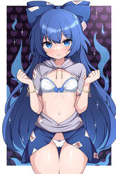  bangle blue_bow blue_eyes blue_hair blue_skirt blush bow bra bracelet cameltoe closed_mouth cowboy_shot female grey_hoodie hairbow heart highres hood hoodie jewelry long_hair panties rizento short_sleeves skirt solo sparkle thigh_gap touhou underwear white_bra white_panties yorigami_shion 