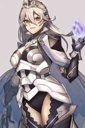  armor black_leotard breasts cape cleavage corrin_(female)_(fire_emblem) corrin_(female)_(silent_bloodline)_(fire_emblem) corrin_(fire_emblem) crown dragonstone female fire_emblem fire_emblem_fates fire_emblem_heroes frills gloves hair_between_eyes hair_ornament highres jewelry leotard long_hair looking_at_viewer official_alternate_costume pointy_ears red_eyes seinikuten shoulder_armor solo thighs upper_body white_hair 