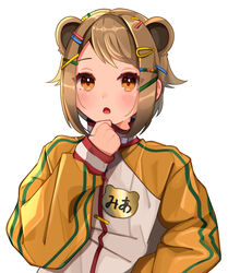  animal_ears animare blush brown_eyes brown_hair female hair_ornament highres jacket konan_mia konan_mia_(1st_costume) long_sleeves multicolored_clothes multicolored_jacket nanashi_inc. open_mouth short_hair simple_background solo temari_maco tongue two-tone_jacket upper_body virtual_youtuber white_background 