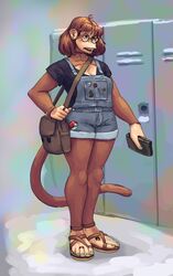  anthro black_clothing black_shirt black_topwear breasts brown_body brown_fur carol_(redustheriotact) cleavage clothed clothing colored_nails colored_toenails eyewear feet female footwear freckles fur glasses haplorhine hi_res locker mammal monkey nails nerd nintendo nintendo_ds_family nintendo_dsi overalls pokeball pokemon primate redustheriotact sandals shirt solo toenails toes topwear 