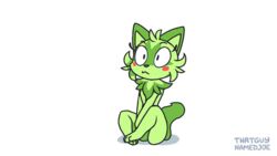  16:9 ambiguous_gender animated anthro feral feral_to_anthro generation_9_pokemon green_body head_hit nintendo nude pokemon pokemon_(species) red_eyes short_playtime signature simple_background sitting solo sprigatito surprise surprised_expression thatguynamedjoe transformation widescreen 