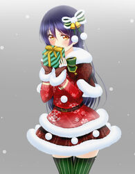  blue_hair box capelet christmas christmas_ornaments commentary_request covering_own_mouth dress female fingerless_gloves fur-trimmed_dress fur_trim gift gift_box gloves green_thighhighs hair_between_eyes hair_ribbon long_hair love_live! love_live!_school_idol_project ribbon roaru_(gyuren) simple_background solo sonoda_umi swept_bangs thighhighs yellow_eyes 