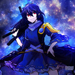  absurdres armor blue_dress blue_hair blue_headwear breasts closed_mouth coat commentary_request cowboy_shot dress frilled_dress frills gem hand_on_own_hip hat highres holding holding_tripod iizunamaru_megumu kemuri_(kulenson) long_hair looking_away medium_breasts night night_sky outdoors pauldrons pointy_ears red_eyes ribbon_trim shoulder_armor shoulder_guard single_pauldron sky sleeveless sleeveless_coat smile star_(sky) starry_sky tengu tokin_hat touhou tripod turtleneck 