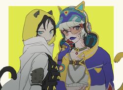  2girls animal_ear_headphones animal_ears animification apex_legends black_hair blue_eyes blue_headwear cat_ear_headphones cat_tail fake_animal_ears headphones jacket looking_to_the_side multicolored_clothes multicolored_jacket multiple_girls official_alternate_costume parted_lips purple_jacket purple_lips scar scar_on_cheek scar_on_face scarf short_hair si_yu_anle smile sunglasses tail thunder_kitty_wattson visor_cap void_prowler_wraith wattson_(apex_legends) white_scarf wraith_(apex_legends) yellow_jacket 