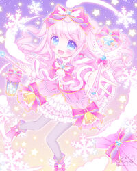  :d blue_eyes blush boots bow capelet christmas commentary_request dress female fur-trimmed_capelet fur-trimmed_sleeves fur_trim gift_bag grey_pantyhose hairbow highres himetsuki_luna long_hair long_sleeves looking_at_viewer magical_girl open_mouth original pantyhose pink_bow pink_capelet pink_dress pink_footwear pink_hair pink_theme smile snowflakes solo two_side_up very_long_hair 