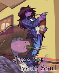  4_fingers angusburgers anthro bottomwear clawed_fingers closed_eyes clothing deltarune denim denim_clothing eyebrows female fingers fire_extinguisher flannel flannel_shirt hair hi_res holding_object jeans long_hair meme messy_hair pants playing_music purple_body purple_skin reptile scalie school solo standing susie_(deltarune) tomboy torn_bottomwear torn_clothing torn_jeans torn_pants translucent undertale_(series) video_games 