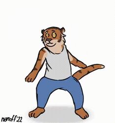  2022 2d_animation 3_toes animated anthro barefoot black_stripes bottomwear cheek_tuft clothed clothing dancing eyebrow_piercing eyebrows facial_piercing facial_tuft feet felid fully_clothed fur low_res male mammal markings miles_(nanoff) nanoff orange_body orange_fur pantherine pants piercing shadow shirt simple_background solo striped_body striped_fur striped_markings striped_tail stripes tail_markings tan_body tan_fur tank_top tiger toes topwear tuft white_background yellow_sclera 