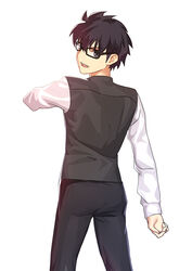  1boy absurdres alternate_costume black-framed_eyewear black_eyes black_hair black_pants cqqz0707 formal from_behind glasses hair_between_eyes highres long_sleeves looking_at_viewer male_focus open_mouth pants short_hair simple_background smile solo suit tohno_shiki tsukihime tsukihime_(remake) white_background white_sleeves 