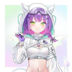  :3 absurdres bandeau braid breasts buckle cleavage colored_inner_hair demon_tail demon_wings ear_piercing earrings female gloves goggles goggles_on_head green_eyes highres hololive hood hood_up hooded_shrug horned_hood horns jewelry long_hair long_sleeves looking_at_viewer melting_tail multicolored_hair navel navel_piercing oerba_yun_fang official_alternate_costume piercing pink_hair purple_hair ribbed_bandeau ruru_amachi shrug_(clothing) skin_fang snap-fit_buckle solo stomach tail tokoyami_towa tokoyami_towa_(5th_costume) twin_braids virtual_youtuber white_bandeau white_gloves white_shrug white_tail wings 