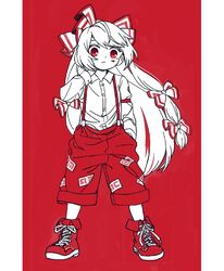  :/ blush boots bow closed_mouth collared_shirt commentary eyebrows_hidden_by_hair female flat_color fujiwara_no_mokou full_body hairbow hand_in_pocket hand_on_own_neck hand_up long_hair looking_at_viewer monochrome ofuda ofuda_on_clothes pants red_eyes shirt solo standing swept_bangs symbol-only_commentary touhou you_taira 