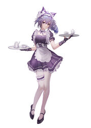  absurdres aichinaigai alternate_costume animal_ears apron black_dress black_footwear black_gloves breasts cat_ears closed_mouth cup dress expressionless fake_animal_ears female fingerless_gloves full_body gloves grey_eyes grey_hair hair_between_eyes hair_ornament hairclip highres holding holding_plate honkai:_star_rail honkai_(series) light_blush looking_at_viewer maid maid_apron maid_headdress medium_breasts pantyhose partially_fingerless_gloves plate short_sleeves side_ponytail sidelocks silver_wolf_(honkai:_star_rail) simple_background solo teacup teapot white_background white_pantyhose 