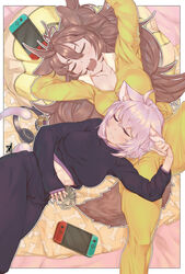  2girls ahoge alternate_costume animal animal_ear_fluff animal_ears bad_id bad_pixiv_id black_pajamas breasts brown_hair cat_ears cat_girl cat_tail closed_eyes dog_ears dog_girl dog_tail feline hololive inugami_korone kitten long_hair medium_breasts messy_hair messy_sleeper multiple_girls nekomata_okayu nintendo_switch oerba_yun_fang open_mouth pajamas pillow pink_hair rat_huang short_hair sleeping sleeping_on_person tail temari_(nekomata_okayu) virtual_youtuber yellow_pajamas 