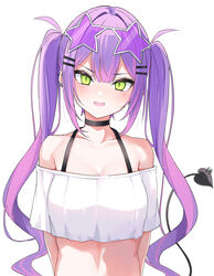  alternate_costume bare_shoulders black_bra bra breasts commentary crop_top demon_tail ear_piercing eyewear_on_head fangs female green_eyes hair_ornament hairclip haseneko highres hololive long_hair looking_at_viewer medium_breasts midriff multicolored_hair off-shoulder_shirt off_shoulder open_mouth piercing pink_hair purple_hair shirt short_sleeves simple_background solo star-shaped_eyewear star_(symbol) streaked_hair sunglasses tail tail_ornament tail_piercing tokoyami_towa twintails underwear upper_body v-shaped_eyebrows very_long_hair virtual_youtuber white_background 