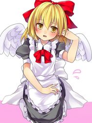  alternate_costume angel_wings apron bad_id bad_pixiv_id black_dress blonde_hair blush bow breasts collared_dress dress embarrassed feathered_wings female frilled_apron frilled_dress frills gengetsu_(touhou) hairbow hand_in_own_hair head_tilt highres looking_at_viewer medium_hair meronpanna_(mikoniito) no_shoes open_mouth puffy_short_sleeves puffy_sleeves red_bow seiza short_sleeves sitting small_breasts socks solo touhou touhou_(pc-98) white_apron white_socks white_wings wings yellow_eyes 