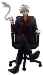  1boy akagi:_yami_ni_oritatta_tensai akagi_shigeru black_eyes black_footwear black_jacket chair cigarette collared_shirt crossed_legs fukumoto_mahjong fukumoto_nobuyuki_(style) game_cg grey_hair highres holding holding_cigarette jacket k-suwabe mahjong_soul male_focus office_chair official_art parody red_shirt shirt simple_background sitting smoking solo style_parody swivel_chair tachi-e third-party_source transparent_background 