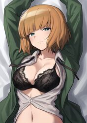  absurdres arms_up black_bra bra brave_witches breasts commentary fankupl female green_eyes gundula_rall highres lace lace_bra large_breasts looking_at_viewer lying orange_hair solo underwear world_witches_series 