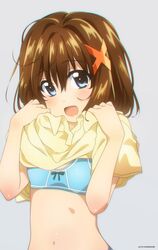  blue_bra blue_eyes blush bra brown_hair commentary_request dressing female hair_ornament hairclip highres kawakami_shuuichi looking_at_viewer lyrical_nanoha mahou_shoujo_lyrical_nanoha mahou_shoujo_lyrical_nanoha_a&#039;s navel open_mouth panties shiny_skin short_hair simple_background smile solo underwear upper_body white_background yagami_hayate 