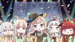  5girls ^_^ animal_ears araka_luto black_headwear black_jacket blue_eyes chibi closed_eyes detached_sleeves dress halo holographic_horns horse_ears horse_girl hoshifuri_iku ibuki_meno jacket kamishiro_rita kemonomimi_mode mechanical_ears multiple_girls one_eye_closed pink_dress pink_eyes pink_hair pointing prism_project purin_a_la_mode_(popup) red_eyes red_hair short_hair sleeveless sleeveless_jacket smile tokimori_aoi tongue tongue_out umamusume umapyoi_densetsu virtual_youtuber white_dress 