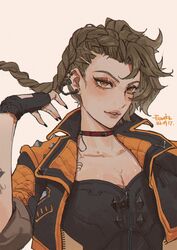  absurdres apex_legends black_gloves black_jacket black_nails breaking_the_law_loba breasts brown_eyes chinese_commentary choker cleavage collarbone double_bun ear_piercing eureka1812 female fingerless_gloves floating_hair gloves hair_bun highres jacket loba_(apex_legends) medium_breasts official_alternate_costume parted_lips piercing red_choker solo 