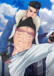  1boy abs bare_pectorals black_shirt blue_eyes blue_hair blue_jacket bruno_bangnyfe burn_the_witch clothes_lift cloud day fingerless_gloves fur-trimmed_jacket fur_trim gloves highres jacket knees_up looking_at_viewer male_focus maorenc multicolored_hair nipples open_clothes open_jacket outdoors pants pectorals shirt shirt_lift short_hair sky solo toned toned_male undercut white_pants 