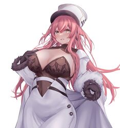  absurdres azur_lane black_gloves black_leotard blush breasts center_opening cleavage coat_dress commentary cowboy_shot dress earrings embarrassed female fur-trimmed_sleeves fur_hat fur_trim gloves hair_between_eyes hand_on_own_chest hat highres jewelry large_breasts leotard leotard_under_clothes long_hair looking_at_viewer open_mouth papakha pink_hair sidelocks simple_background solo standing sweatdrop two_side_up volga_(azur_lane) white_background white_dress white_hat yellow_eyes yuuki_shuri 