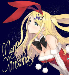  animal_ears bare_shoulders black_bow blonde_hair blush bow breasts christmas cleavage closed_mouth commentary_request dress earrings fake_animal_ears female fur_collar fur_trim green_eyes guilty_princess highres jewelry long_hair looking_away medium_breasts merry_christmas pom_pom_(clothes) rabbit_ears rabbit_tail red_dress shiny_skin simple_background smile solo strapless strapless_dress tail tony_taka 