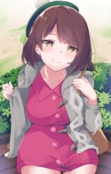  bad_id bad_pixiv_id bag blush breasts brown_eyes brown_hair bush cardigan closed_mouth commentary day dress female gloria_(pokemon) green_hat grey_cardigan hat highres long_sleeves looking_at_viewer medium_breasts mushpz open_cardigan open_clothes outdoors pink_dress pokemon pokemon_swsh short_hair shoulder_bag sitting smile solo swept_bangs tam_o&#039;_shanter undressing 