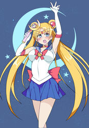  absurdres arms_up bishoujo_senshi_sailor_moon bishoujo_senshi_sailor_moon_(first_season) blonde_hair blue_sailor_collar blue_skirt blush_stickers choker circlet cowboy_shot crescent crescent_earrings crescent_moon double_bun earrings elbow_gloves female gloves hair_bun highres holding holding_wand impossible_clothes impossible_shirt jewelry long_hair looking_at_viewer maboroshi_no_ginzuishou magical_girl miniskirt moon moon_stick_(sailor_moon) night night_sky open_mouth pleated_skirt red_choker sailor_collar sailor_moon sailor_senshi_uniform shirt skirt sky solo standing star_(sky) thighs tsukino_usagi very_long_hair wand white-stew 