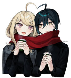  1boy :d ahoge akamatsu_kaede alternate_costume artist_name bad_id bad_twitter_id black_hair black_jacket black_sweater blonde_hair blush commentary couple cup dalrye_v3 danganronpa_(series) danganronpa_v3:_killing_harmony eighth_note enpera female hair_between_eyes hair_ornament heart_ahoge_duo holding holding_cup jacket jacket_on_shoulders long_hair long_sleeves looking_at_another looking_to_the_side musical_note musical_note_hair_ornament open_mouth own_hands_together purple_eyes red_scarf saihara_shuichi scarf shared_clothes shared_scarf short_hair simple_background smile straight sweater upper_body white_background yellow_eyes 