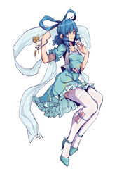  absurdres aqua_dress aqua_footwear bad_id bad_pixiv_id belt blue_eyes blue_hair bracelet breasts d&#039;orsay_heels dress drill_hair drill_sidelocks eyelashes female floating floral_print flower frilled_dress frills full_body garter_straps hagoromo hair_ornament hair_rings hair_stick hands_up high_heels highres jewelry kaku_seiga lace-trimmed_legwear lace_trim light_smile lips long_hair looking_at_viewer ofuda shawl sidelocks simple_background small_breasts solo stank strappy_heels tassel thighhighs touhou vest white_background white_vest 