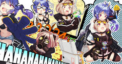  2girls absurdres blue_hair blush blush_stickers breasts choker collarbone commission double_bun eyewear_on_head gas_mask girls&#039;_frontline gradient_hair hair_bun highres k11_(girls&#039;_frontline) kilabo laughing light_purple_hair long_hair mask medium_breasts multicolored_hair multiple_girls open_mouth p90_(girls&#039;_frontline) purple_hair red_eyes short_hair side_ponytail skeb_commission smile sunglasses tearing_up 