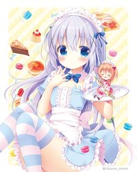  2girls :o aono_ribbon apron black_footwear blue_dress blue_eyes blue_hair blush brown_hair cake cake_slice center_frills commentary_request diagonal_stripes dress feet_out_of_frame food fork frilled_apron frilled_dress frills gochuumon_wa_usagi_desu_ka? hair_between_eyes hair_ornament holding holding_fork holding_tray hoto_cocoa kafuu_chino knees_together_feet_apart knees_up long_hair macaron maid_headdress mini_person minigirl multiple_girls parted_lips pink_dress pudding puffy_short_sleeves puffy_sleeves shoe_soles shoes short_sleeves sitting striped_background striped_clothes striped_thighhighs thighhighs tray very_long_hair waitress white_apron x_hair_ornament 