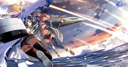  2girls artillery ass azur_lane black_shorts black_thighhighs blonde_hair blue_coat boots breasts bremerton_(azur_lane) coat crop_top eyewear_on_head floating_hair gyaru hair_ornament highres ishizue_kachiru large_breasts long_hair marblehead_(azur_lane) multicolored_hair multiple_girls navel_piercing ocean official_art open_clothes open_coat open_mouth outstretched_arm piercing pink-tinted_eyewear pink_hair rigging second-party_source short_shorts shorts thigh_boots thighhighs tinted_eyewear turret twintails two-tone_hair water white_coat 