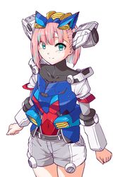  aqua_eyes blue_hair blunt_bangs blush clenched_hands collarbone covered_navel female gundam highres humanization i.takashi looking_at_viewer mecha_musume mobile_suit_gundam multicolored_hair pink_hair rx-78-2 rx-78f00 short_hair shorts skin_tight smile solo streaked_hair white_background 