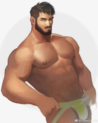  1boy absurdres bara beard black_hair bulge dark-skinned_male dark_skin facial_hair feet_out_of_frame green_male_underwear highres jockstrap large_pectorals looking_at_viewer male_focus male_underwear male_underwear_pull mature_male muscular muscular_male nipples original pectorals powerlesssong pulling_own_clothes short_hair solo stomach thick_eyebrows topless_male underwear underwear_only unfinished 