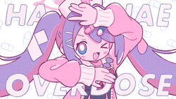  &gt;_o ;d arm_up black_shirt black_skirt blue_archive blue_eyes blush_stickers chibi commentary_request crossed_bandaids english_text female halo hanae_(blue_archive) hat highres internet_overdose jacket koru_koruno long_hair long_sleeves multicolored_hair needy_girl_overdose nurse_cap oerba_yun_fang one_eye_closed open_clothes open_jacket parody pink_hat pink_jacket puffy_long_sleeves puffy_sleeves purple_hair red_hair shirt skirt smile solo twintails two-tone_hair upper_body very_long_hair white_background 